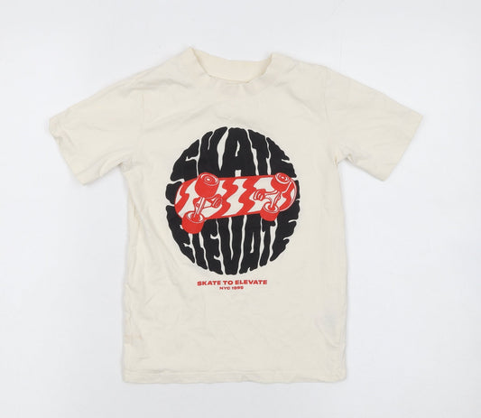Dunnes Stores Boys Beige Skateboard Graphic Cotton T-Shirt 5-6 Years