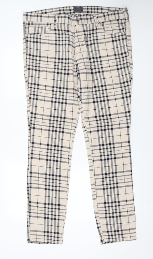 H&M Men's Beige Check Skinny Fit Cotton Trousers Size M