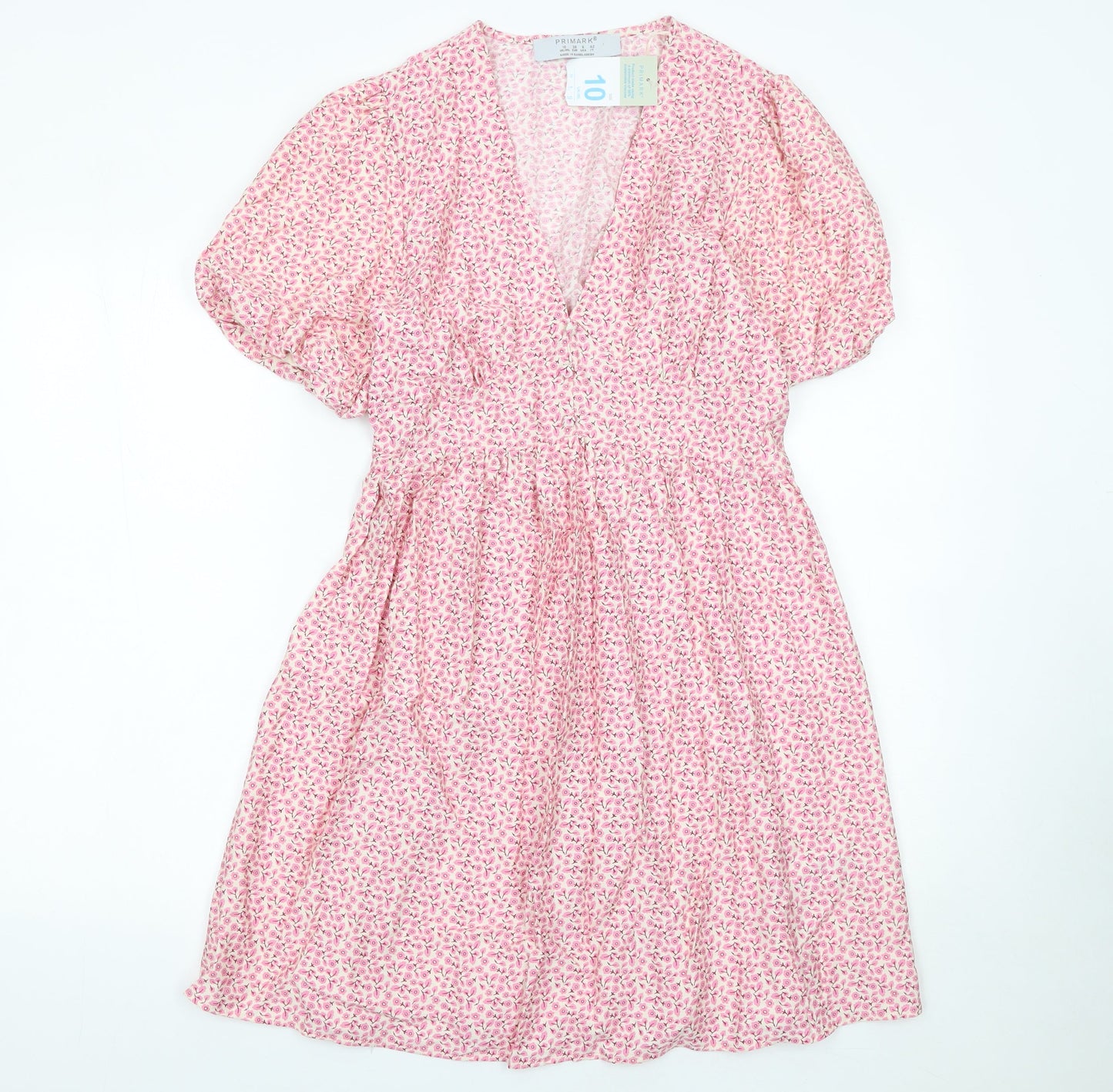 Primark Womens Pink Floral Fit & Flare V-Neck Dress Size 10
