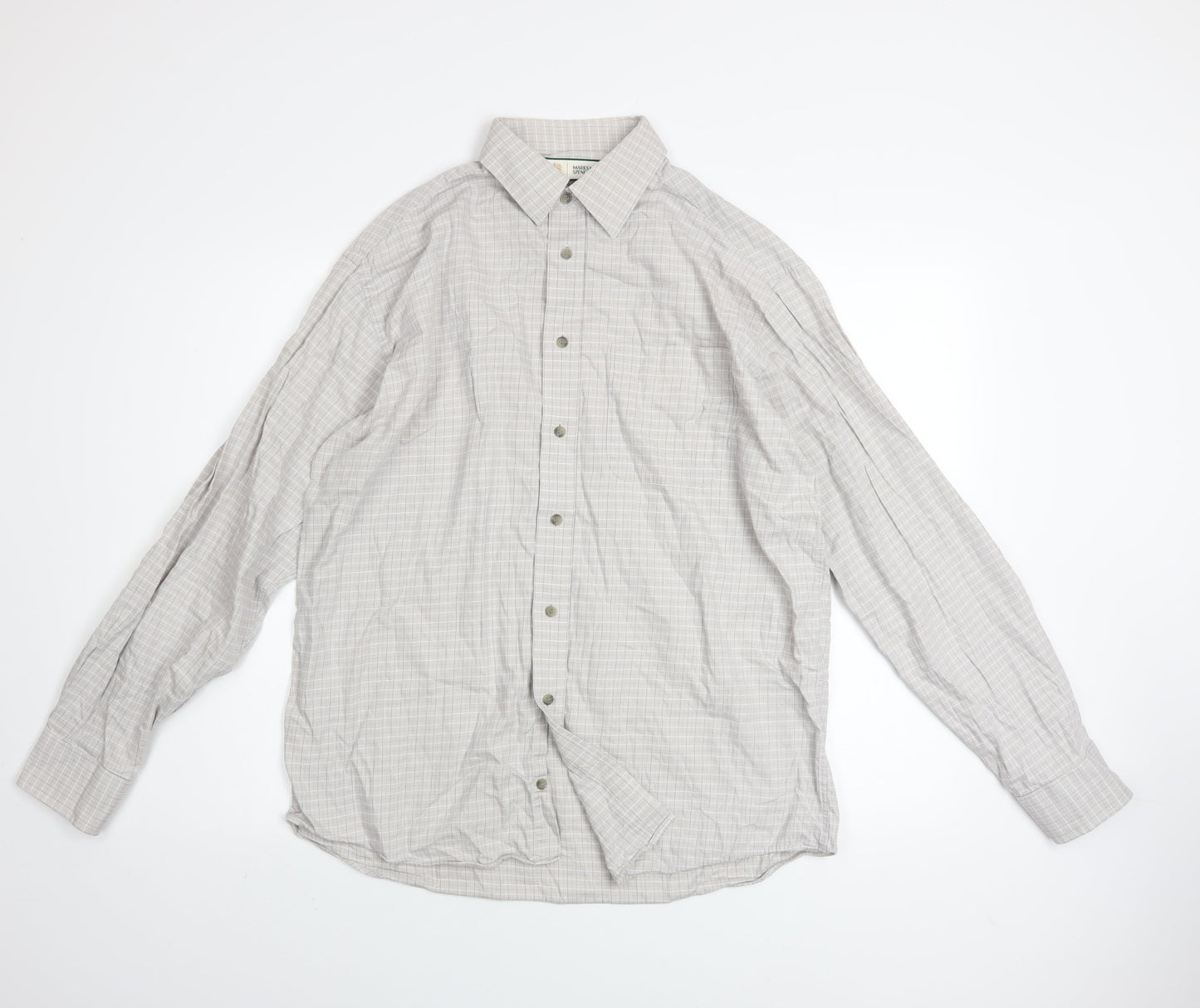 Marks and Spencer Men's Beige Check Long Sleeve Cotton Shirt 15.5in