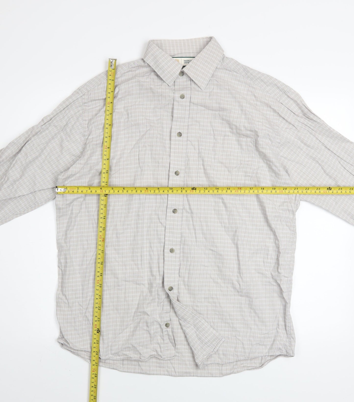 Marks and Spencer Men's Beige Check Long Sleeve Cotton Shirt 15.5in
