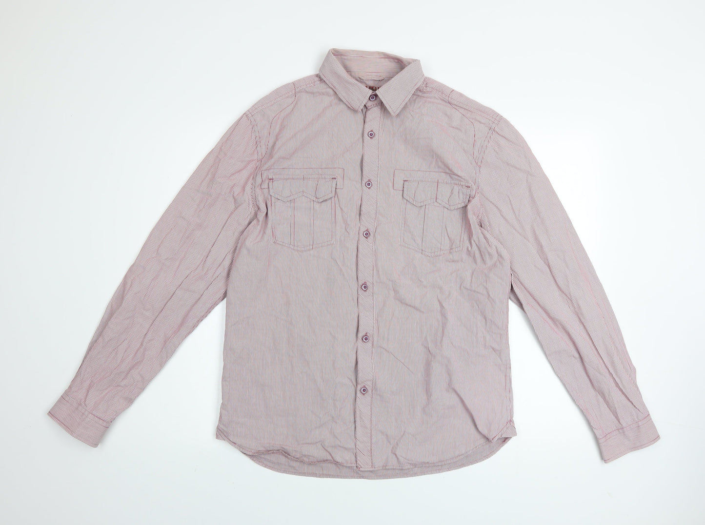 New Look Men's Red Striped Cotton Long Sleeve Button-Up Shirt M