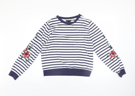 New Look Women's Navy Striped Embroidered Floral Pullover Sweatshirt UK 8