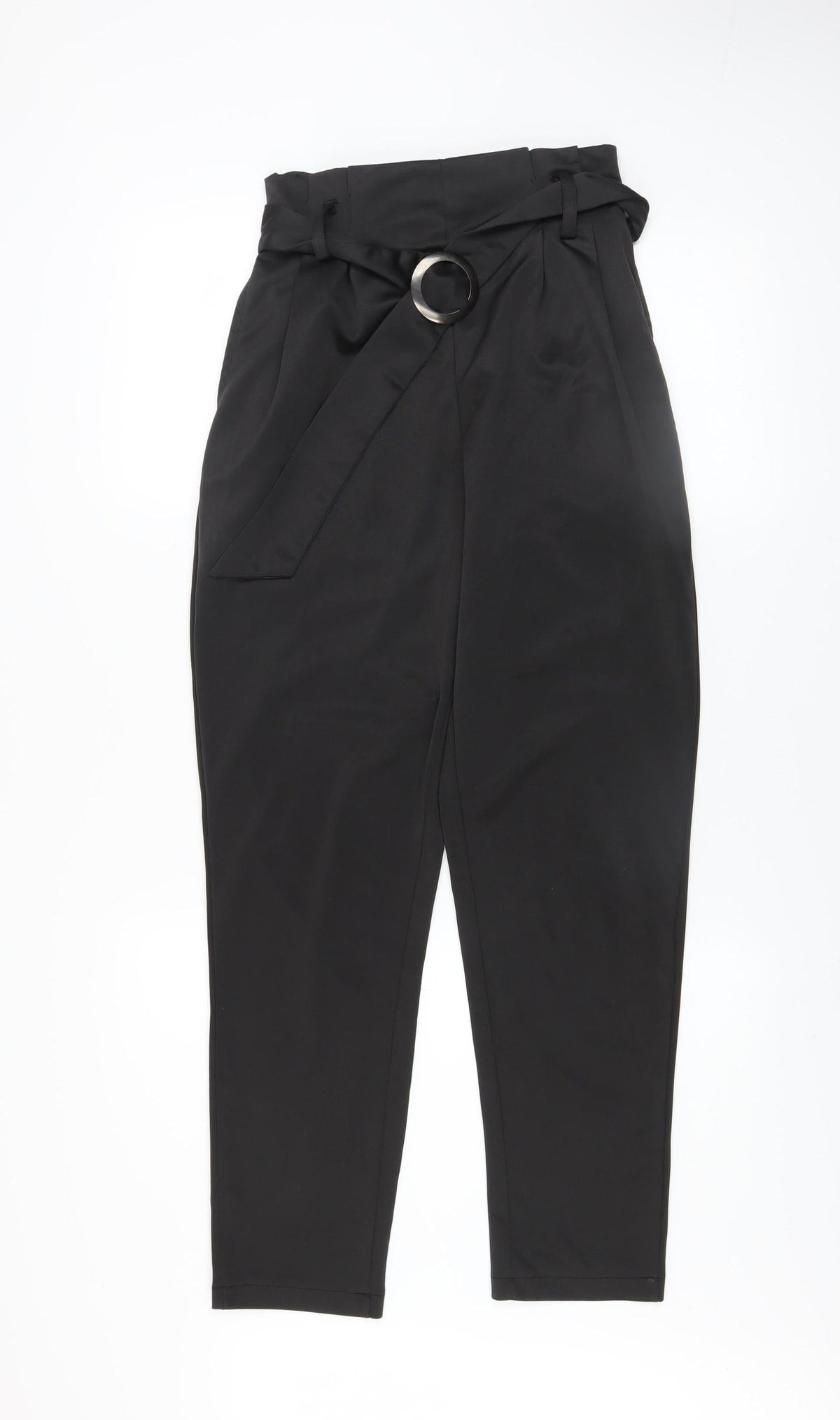 QED London Women's Black Paperbag Trousers UK 8 Belted High Waist