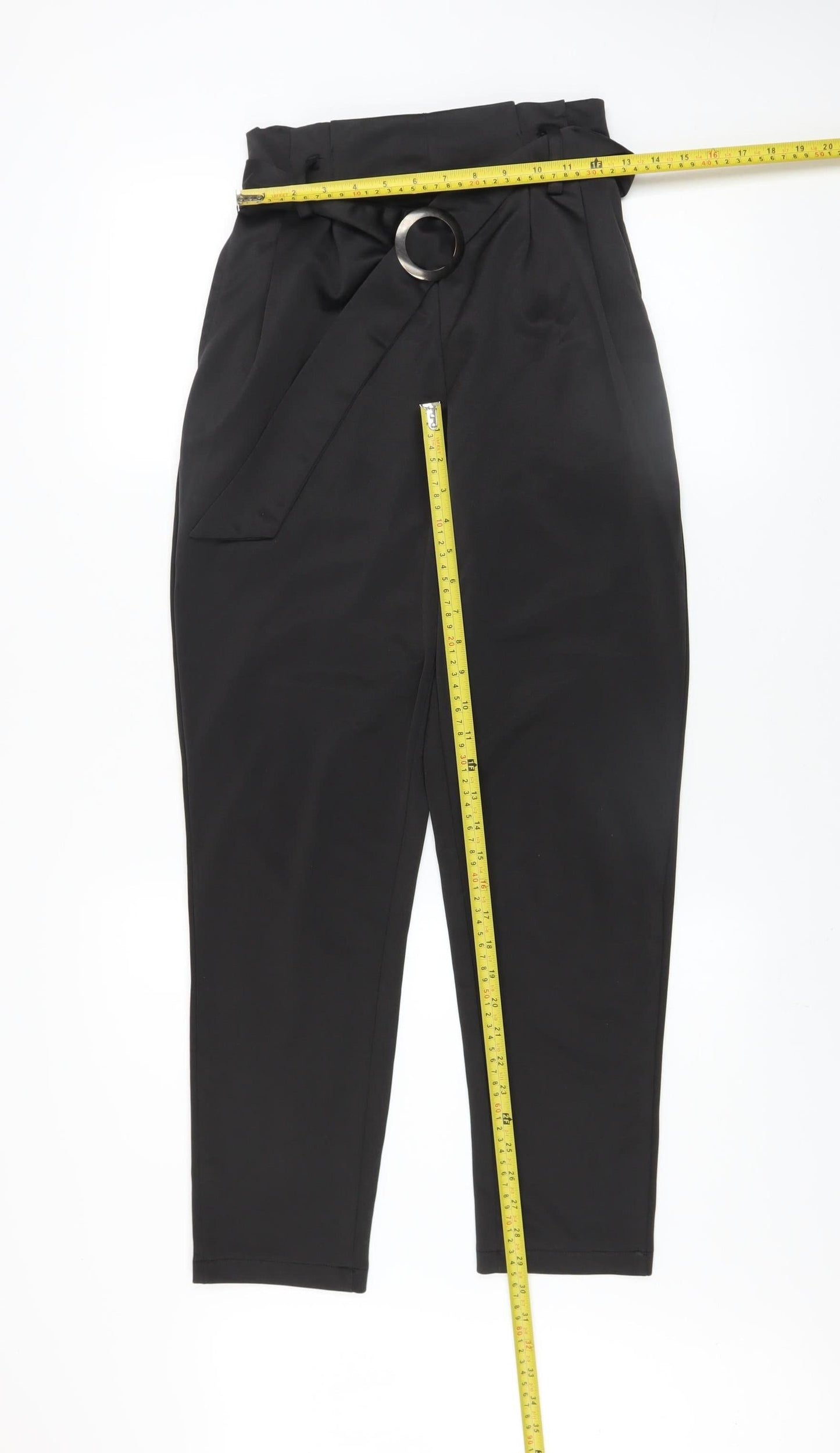 QED London Women's Black Paperbag Trousers UK 8 Belted High Waist