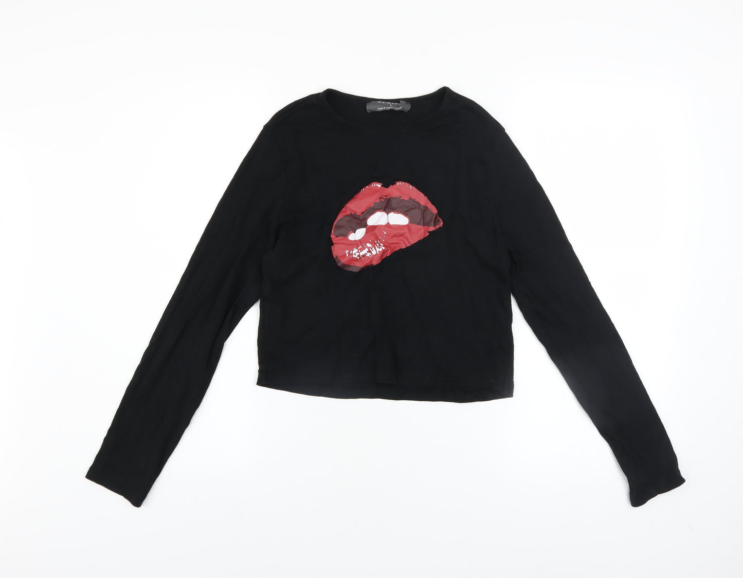 Primark Womens Black Cropped Long Sleeve T-Shirt L Rock Graphic Top