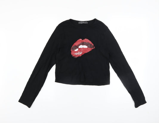 Primark Womens Black Cropped Long Sleeve T-Shirt L Rock Graphic Top