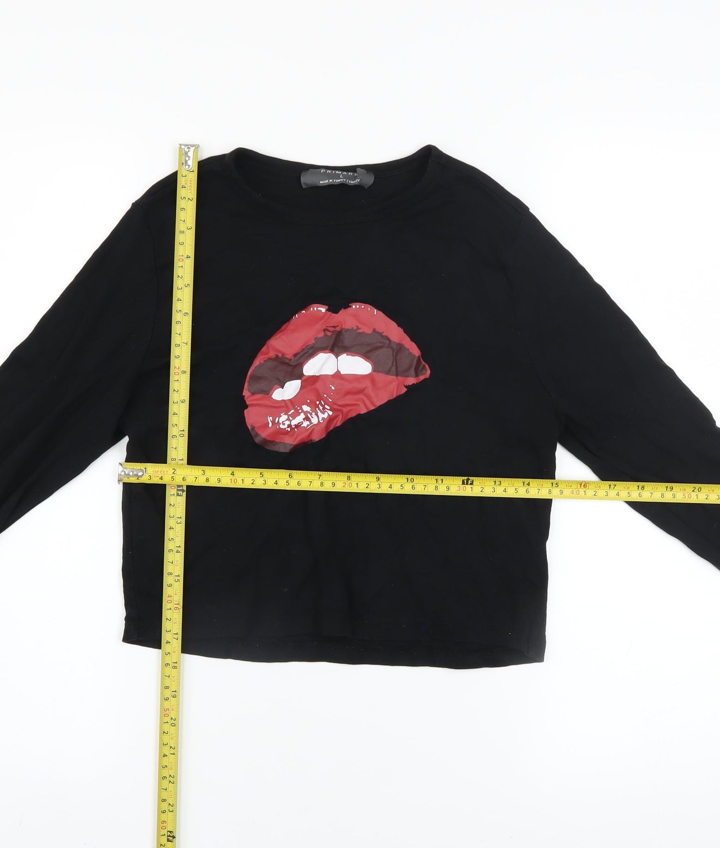 Primark Womens Black Cropped Long Sleeve T-Shirt L Rock Graphic Top