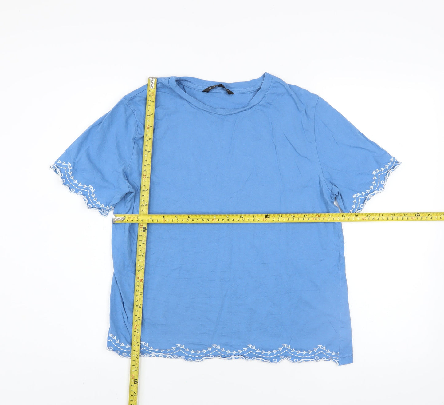 Dunnes Stores Women's Blue Embroidered Cotton T-Shirt Size 14