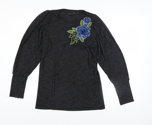 Dorothy Perkins Women Grey Floral Embroidered Pullover Jumper UK 10