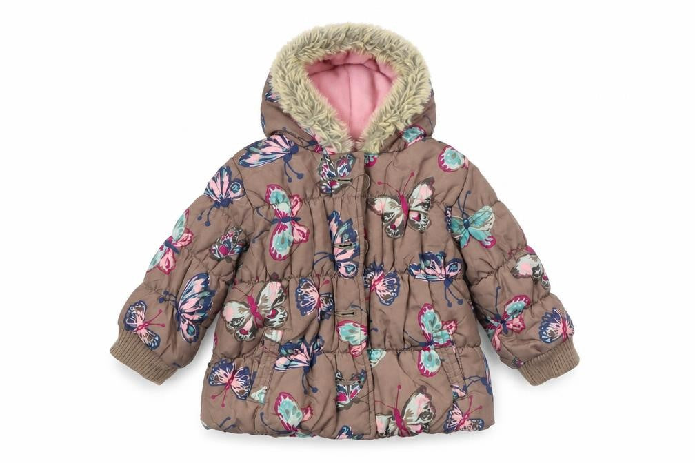 Next Girls Brown Butterfly Puffer Coat Hooded Winter Jacket 2 Years