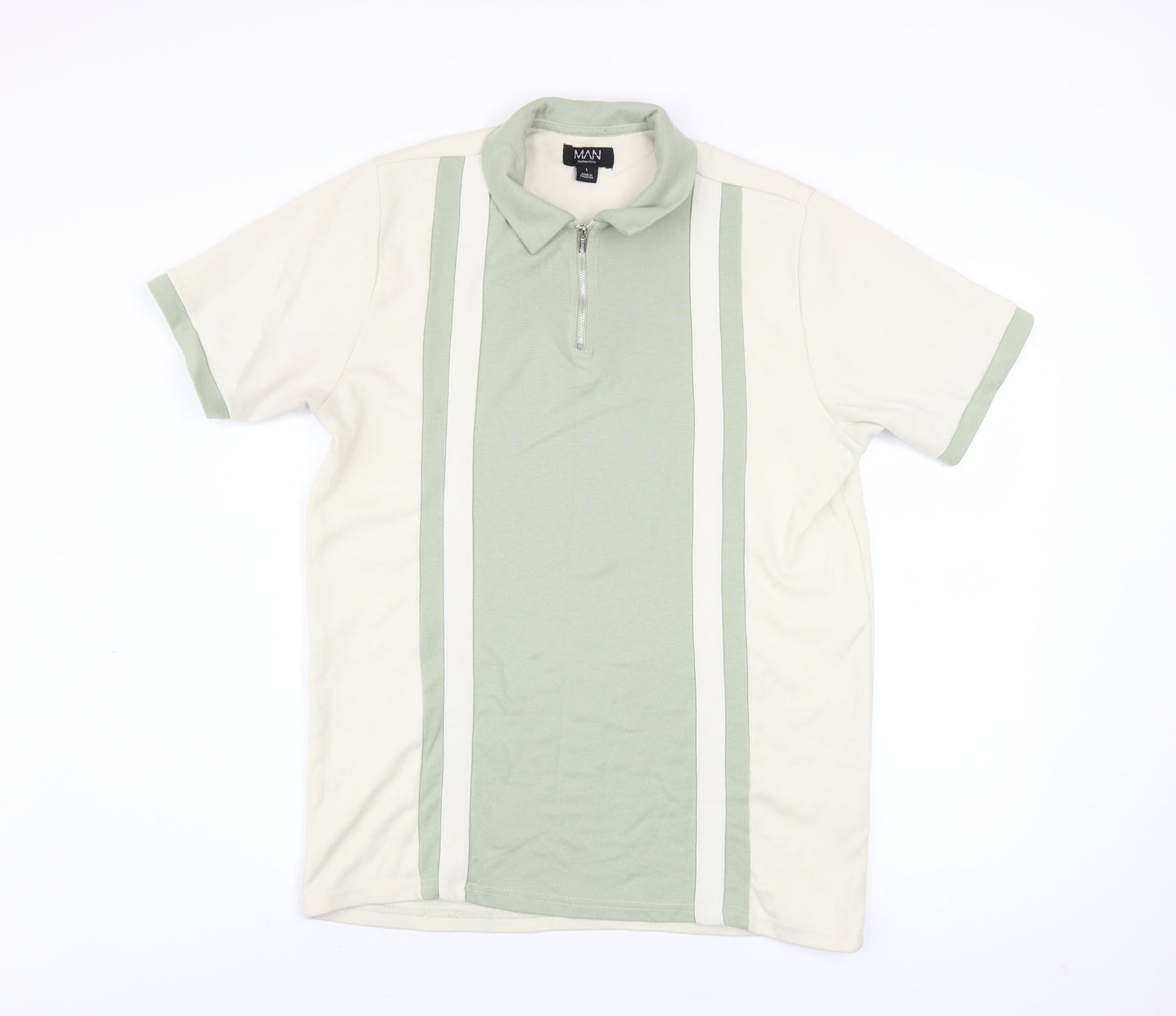boohooMAN Men's Green Colourblock Zip Polo Shirt Size L