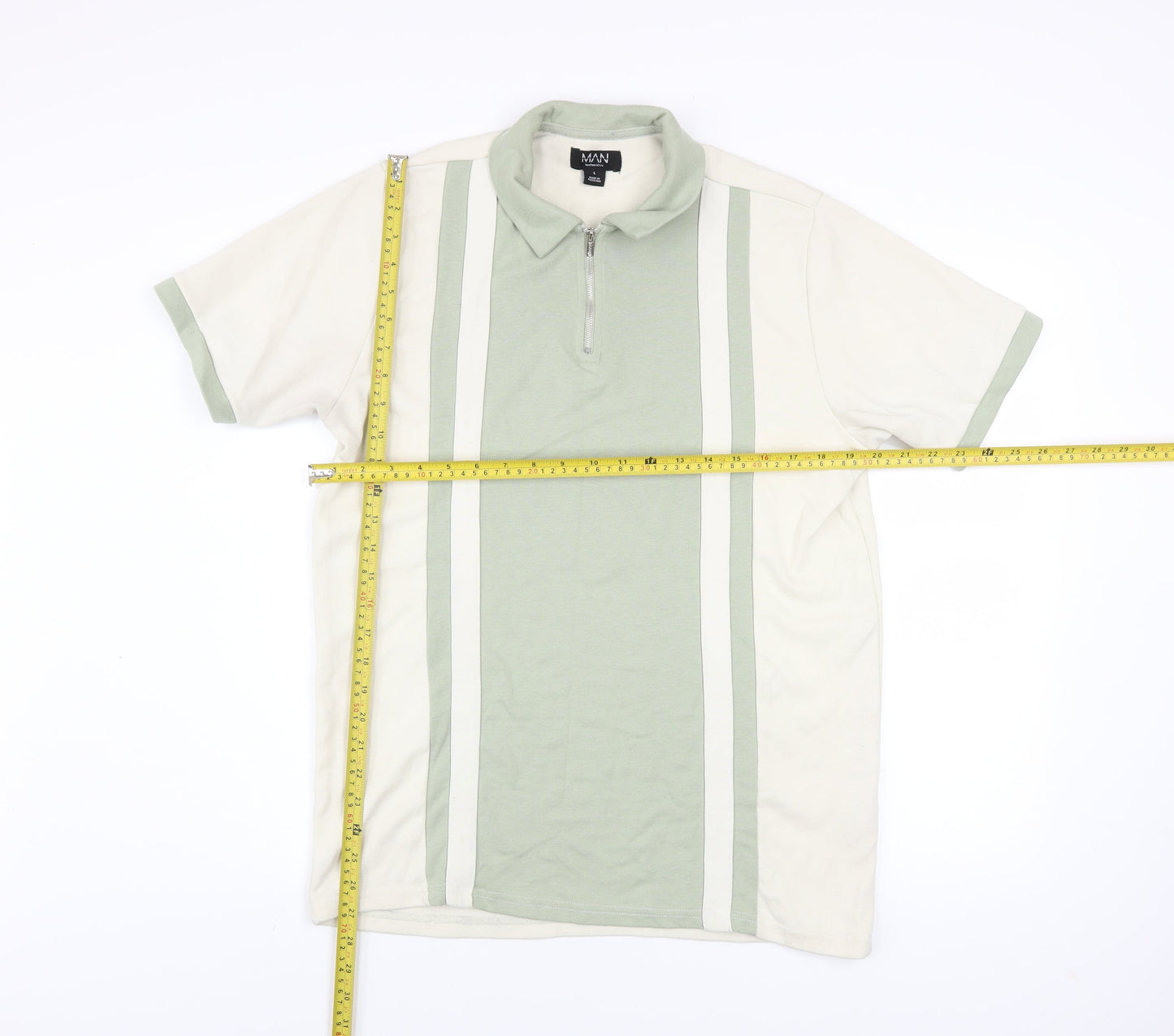 boohooMAN Men's Green Colourblock Zip Polo Shirt Size L