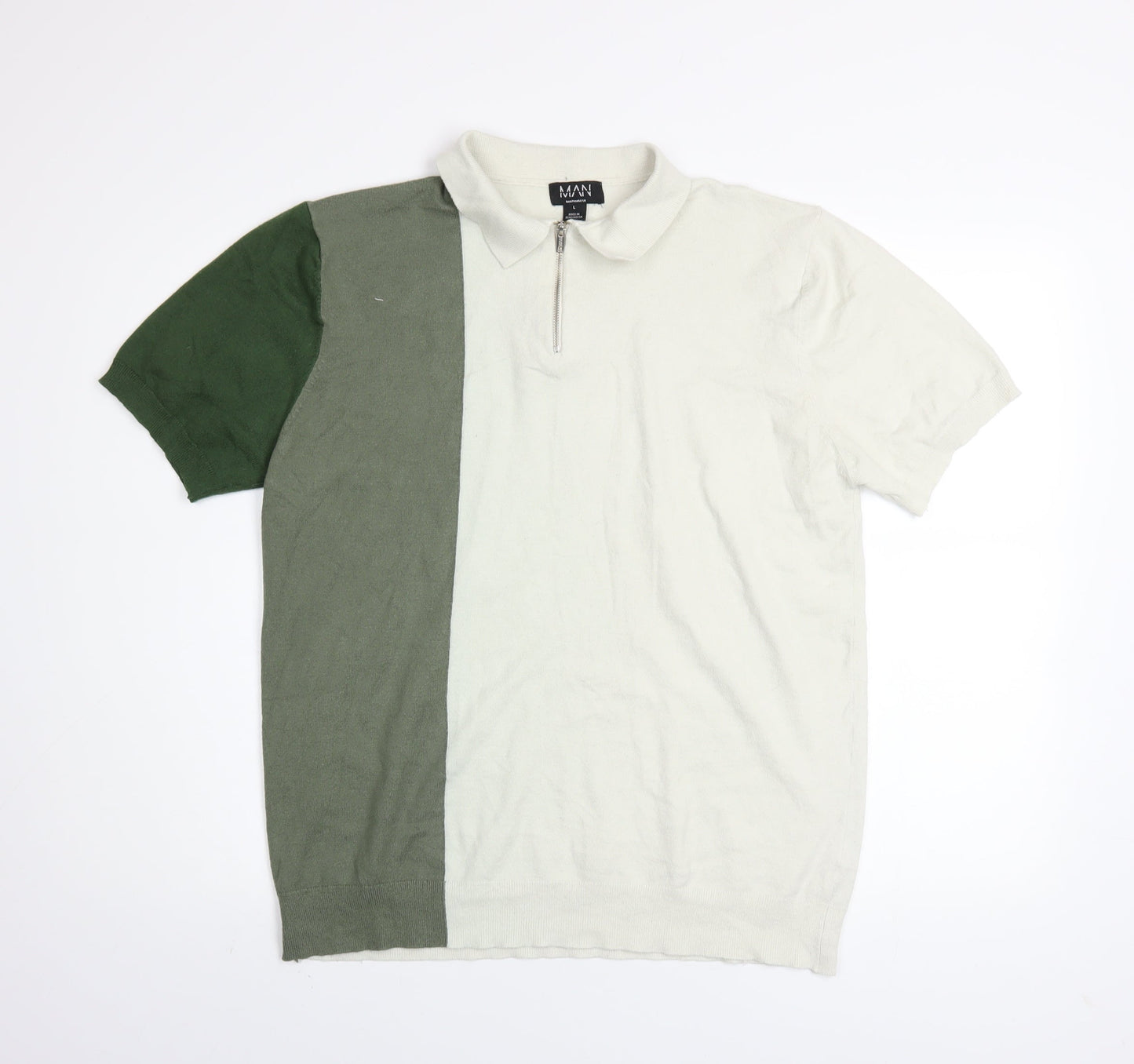 boohooMAN Men's Green Colourblock Short Sleeve Knit Polo Shirt L