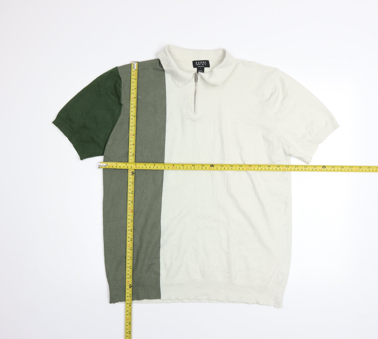 boohooMAN Men's Green Colourblock Short Sleeve Knit Polo Shirt L