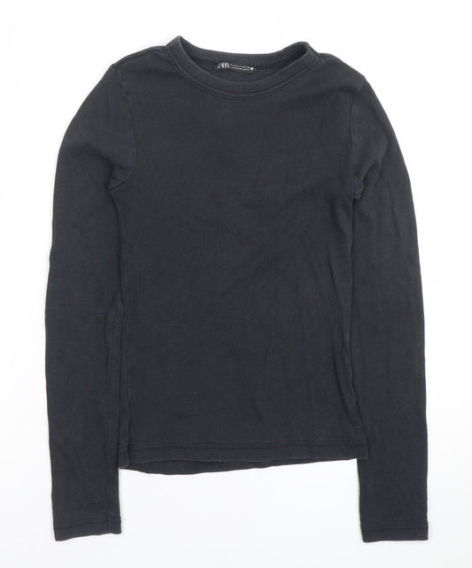 ZARA Women's Black Ribbed Long Sleeve Basic T-Shirt Size S
