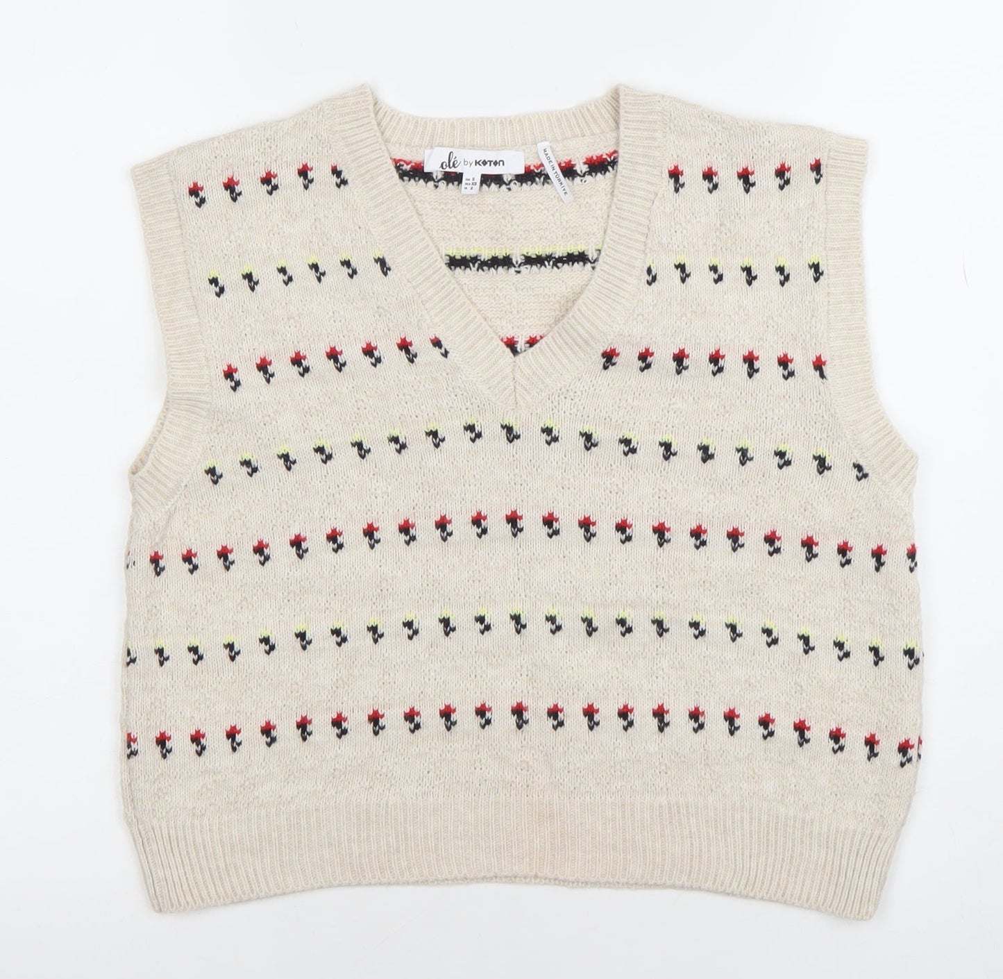 Koton Teens Beige Fair Isle Knit Sleeveless V-Neck Vest XS