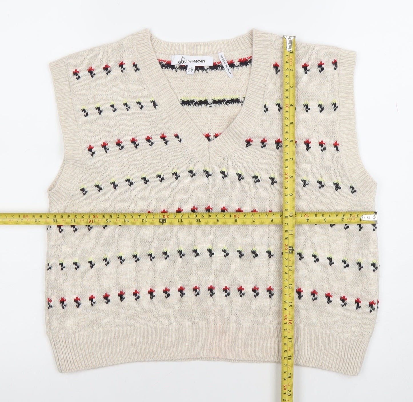 Koton Teens Beige Fair Isle Knit Sleeveless V-Neck Vest XS