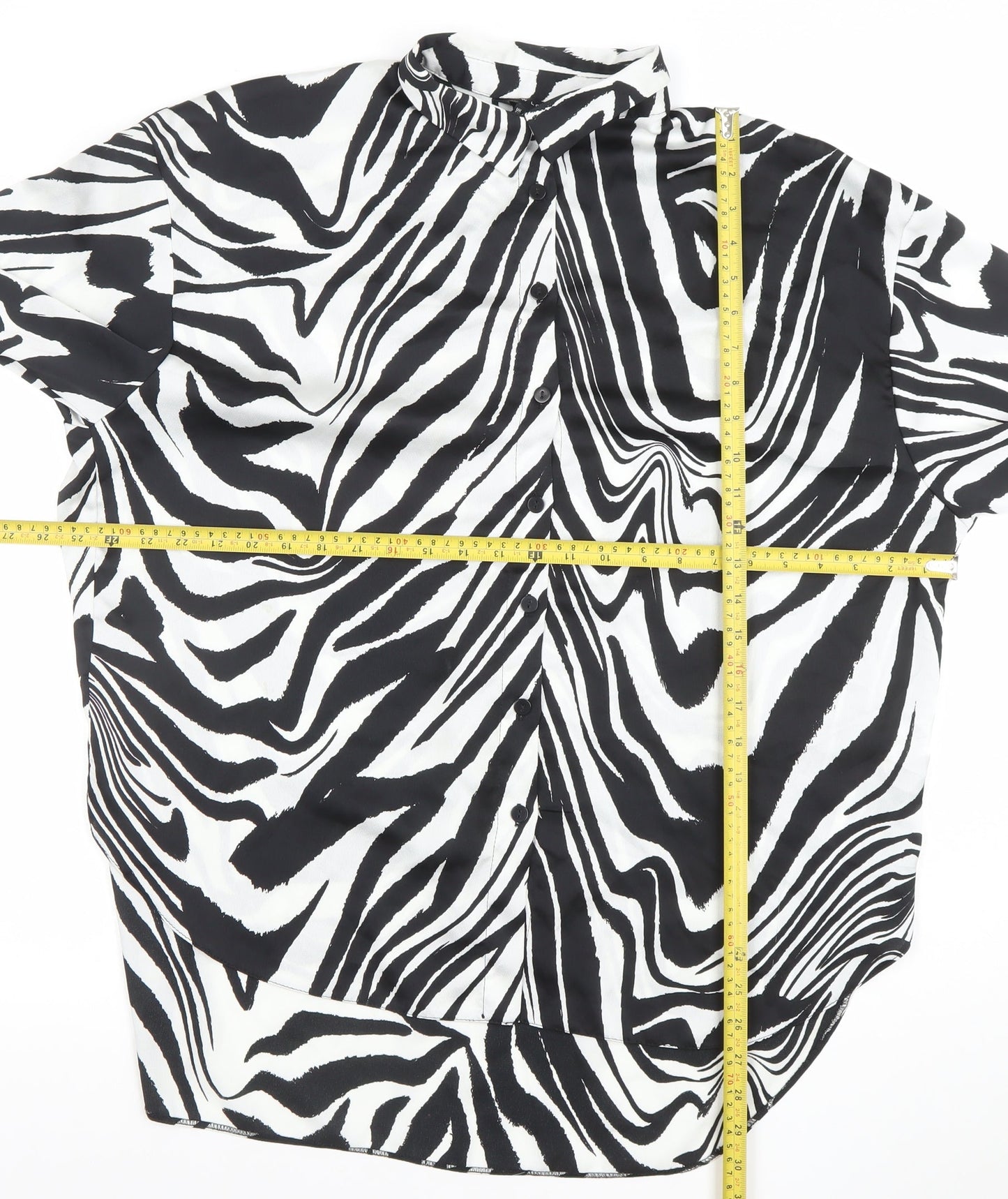 New Look Women Black White Animal Print Long Sleeve Button-Up Shirt UK 14