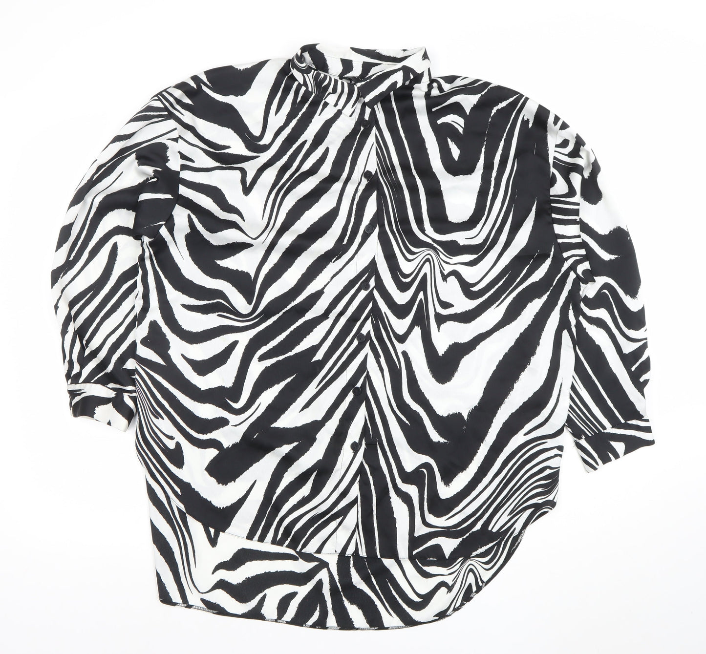 New Look Women Black White Animal Print Long Sleeve Button-Up Shirt UK 14
