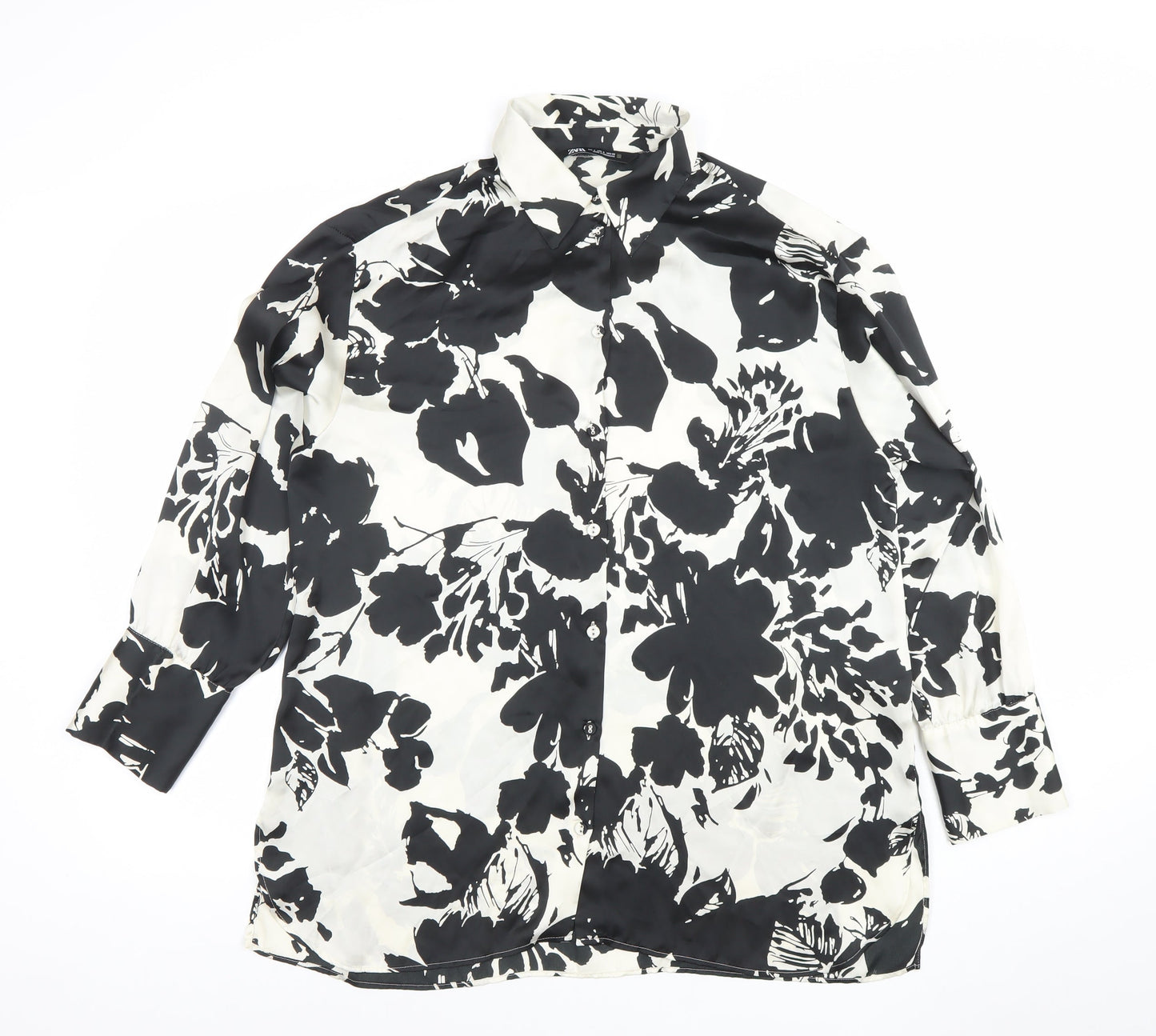 ZARA Women Black White Floral Long Sleeve Button-Up Shirt Size S