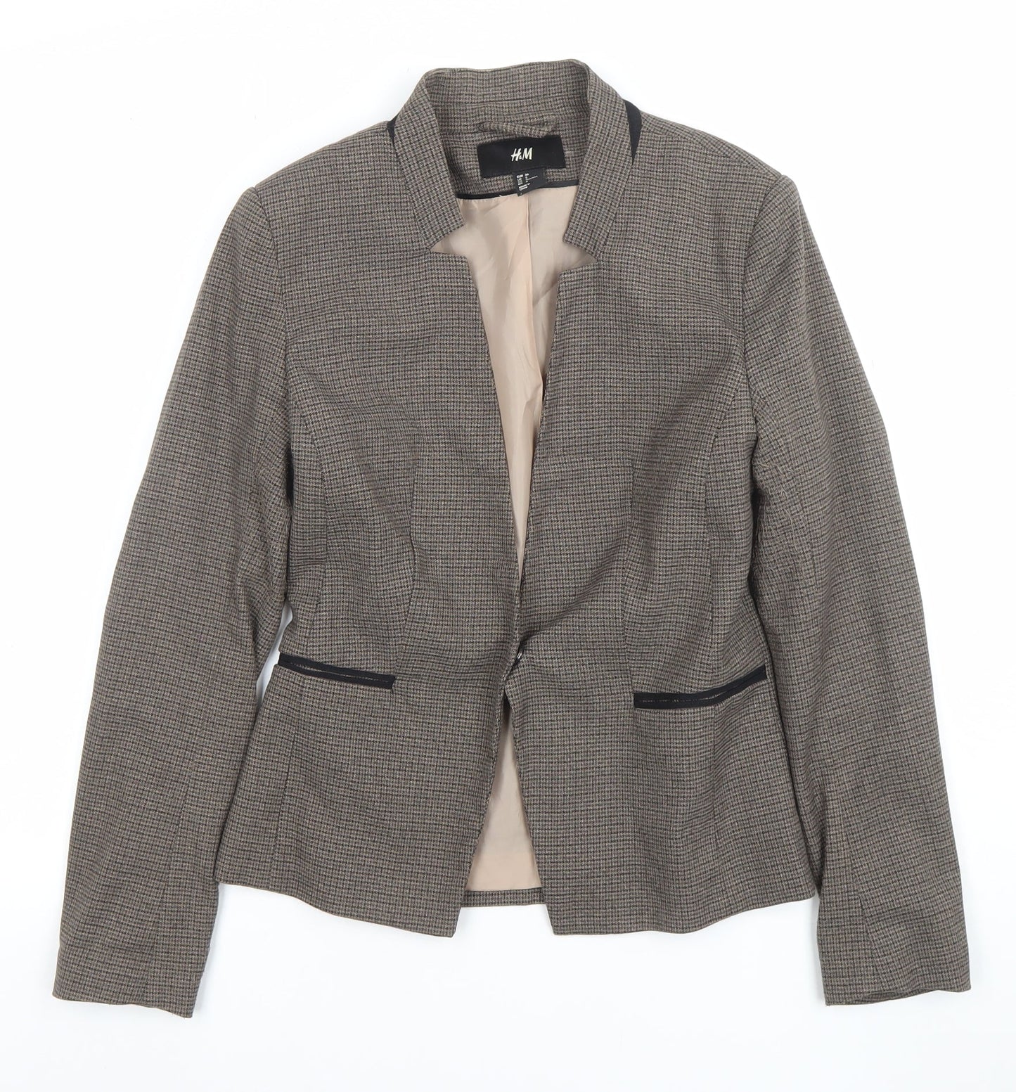 H&M Women Brown Houndstooth Slim Fit Lined Blazer Size 8