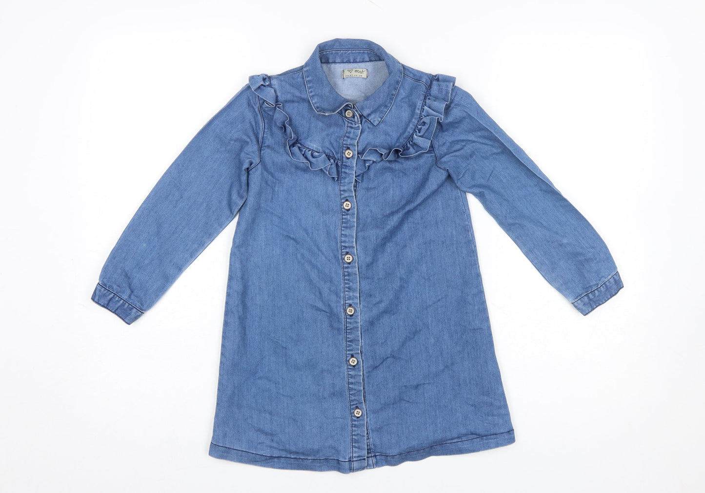Next Girls Blue Denim Shirt Dress 6 Years Long Sleeve Ruffle Cotton Blend