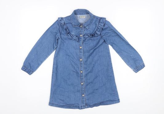 Next Girls Blue Denim Shirt Dress 6 Years Long Sleeve Ruffle Cotton Blend