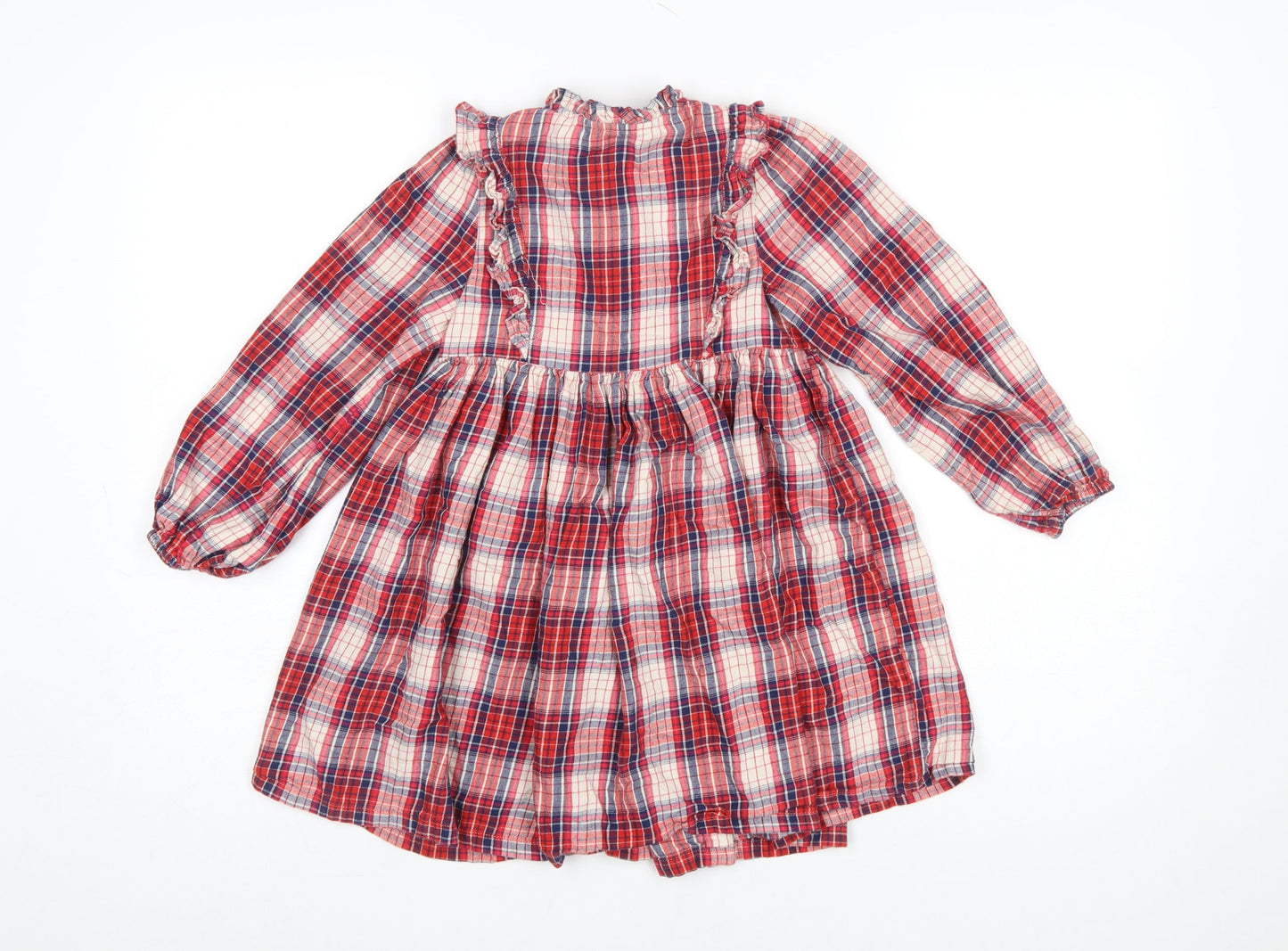 Marks and Spencer Girls Red Check Ruffle Long Sleeve Shirt Dress 6-7 Years