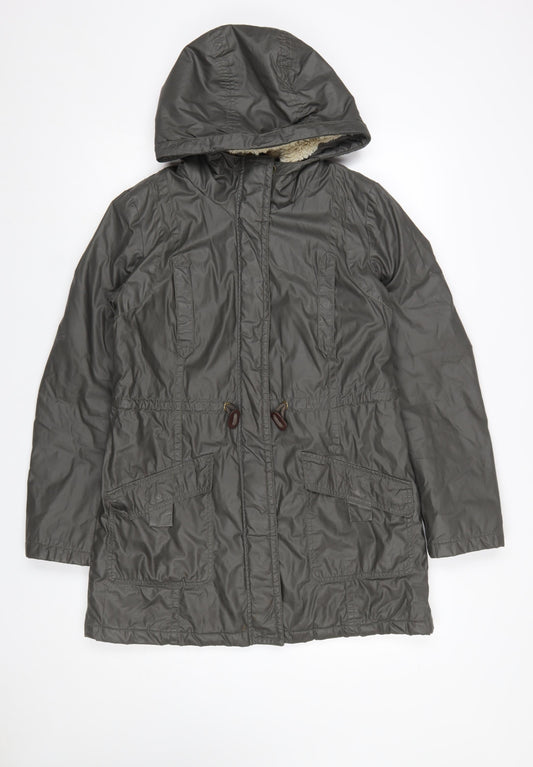 White Stuff Women’s Green Cotton Parka Coat Size 10 Hooded Mid-Length