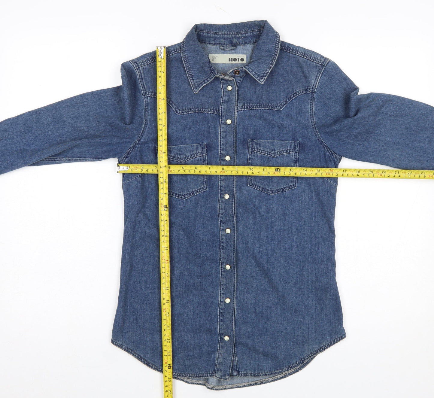 Topshop Women Blue Denim Button-Up Shirt UK 8 Long Sleeve Western Style