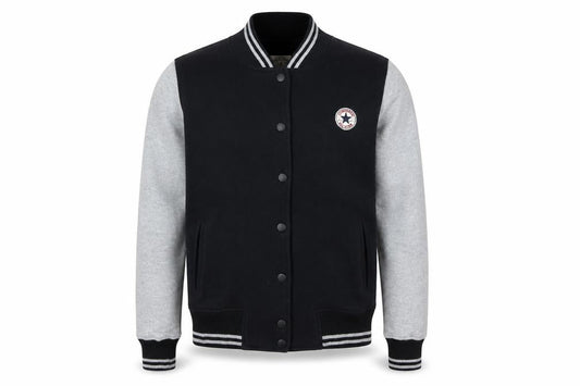 Front view of Converse boys’ black & grey varsity jacket, size L, cotton blend