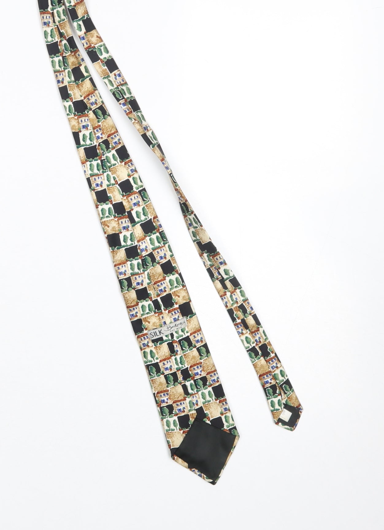 Barkerex Men’s Black Silk Designer Tie with Building Print One Size