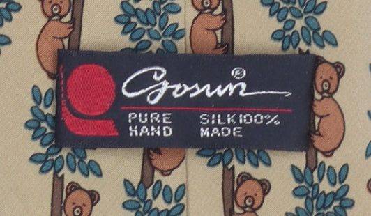 Gosun Men's Beige Silk Animal Print Tie – Bear Pattern, Hand Made, 100% Silk