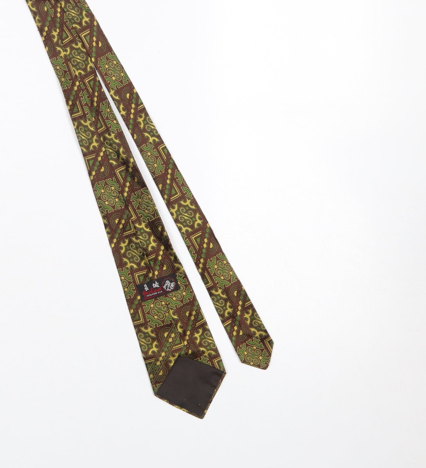 Great Wall Men Brown Green Geometric 100% Silk Tie