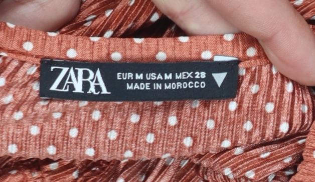 Zara Women Brown Polka Dot Cropped Blouse Size 12 Ruffle Tie V-Neck