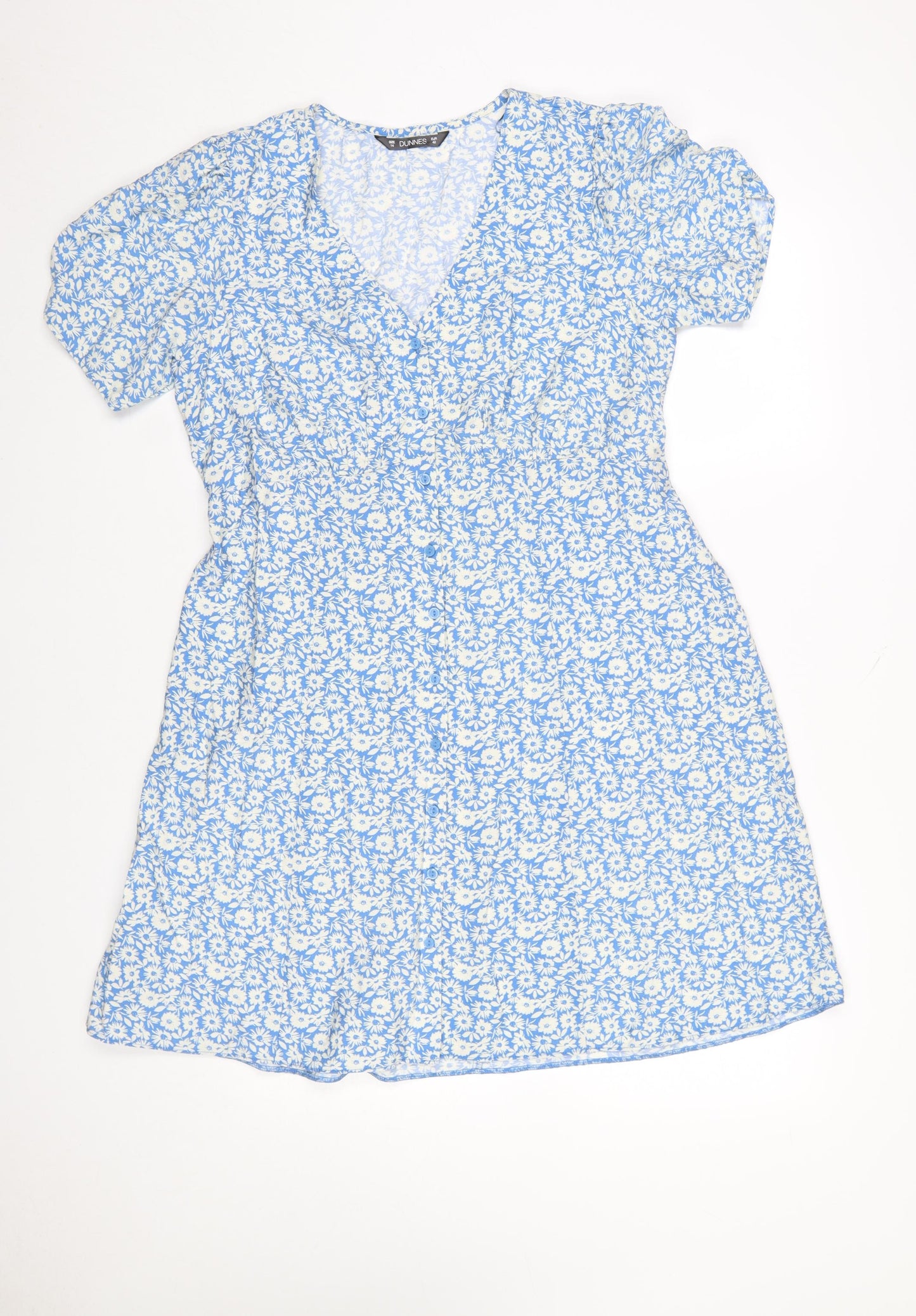 Dunnes Women Blue Floral A-Line Short Sleeve Knee Length Dress Size 14
