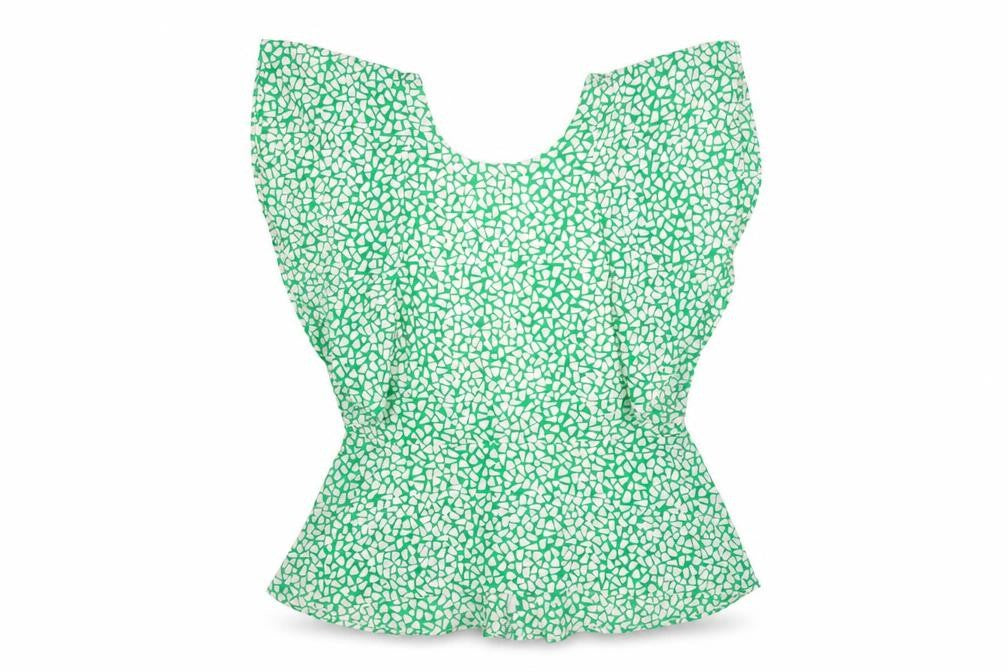 River Island Women's Green Geometric Blouse Size 12 Zip Back Flutter Sleeve