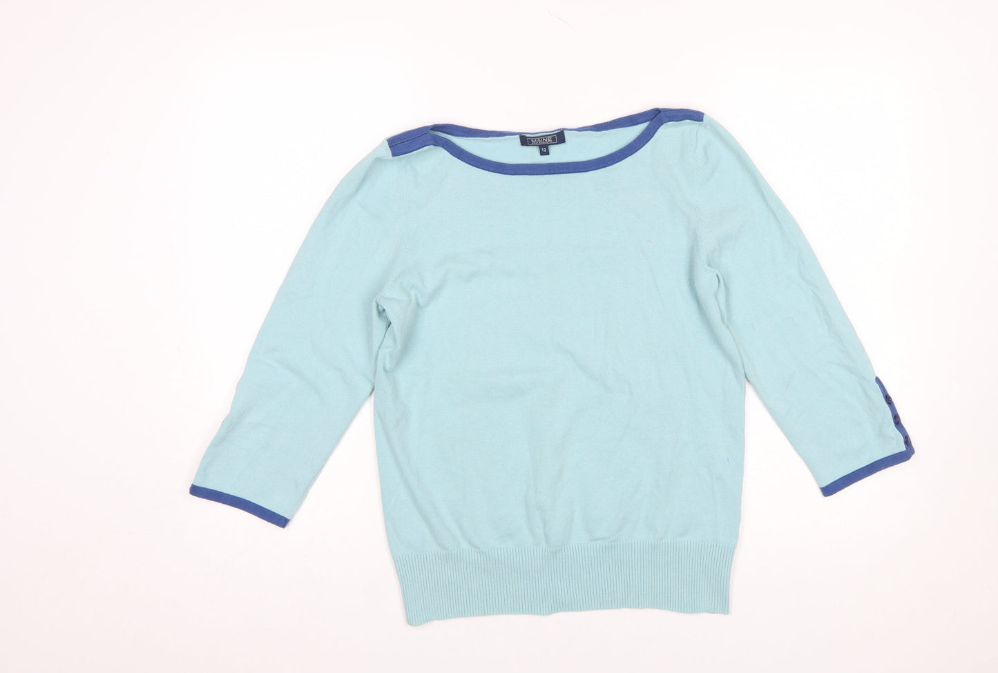 Maine New England Women's Blue Cotton Blend 3/4 Sleeve Jumper Size 12
