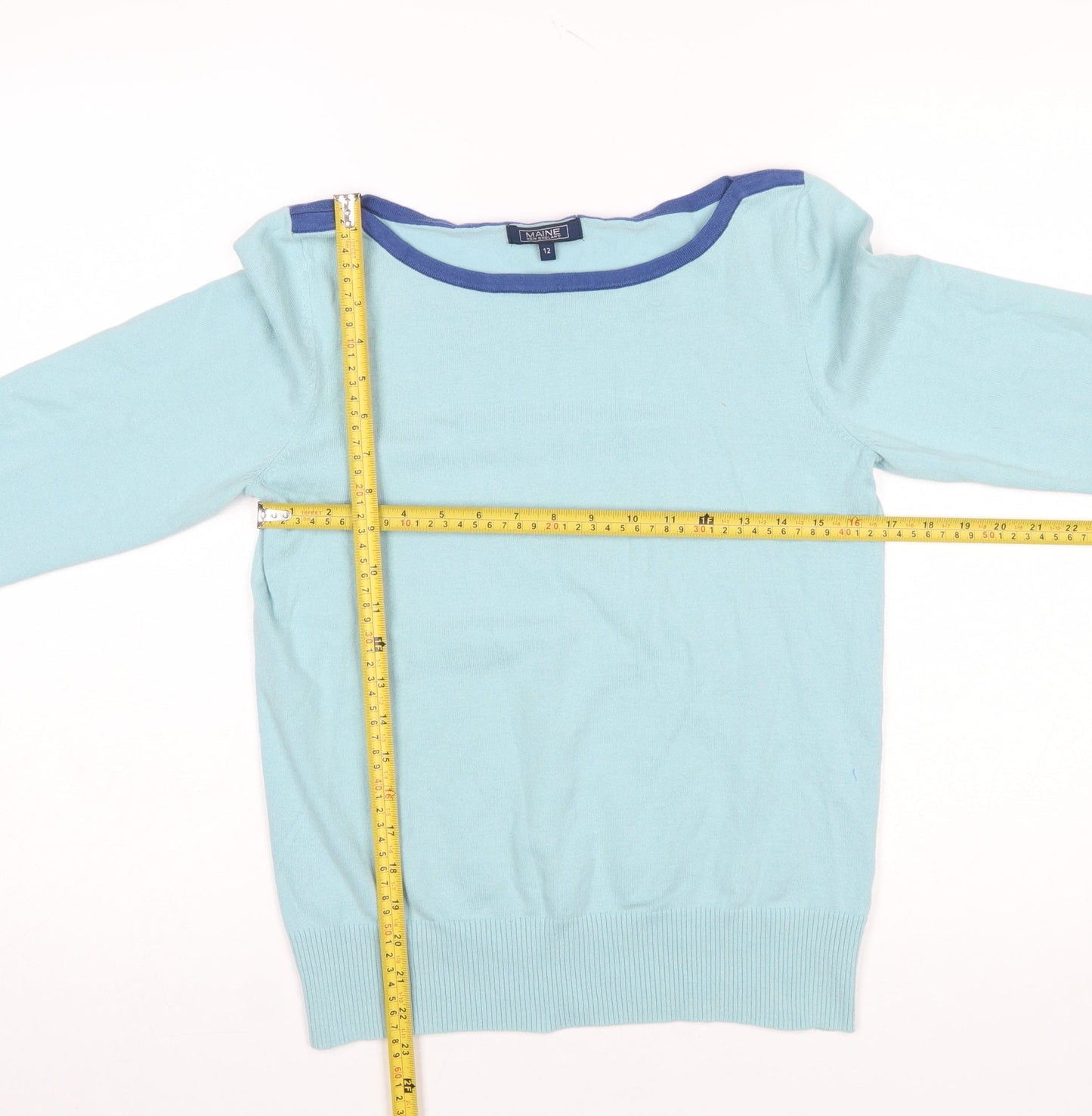 Maine New England Women's Blue Cotton Blend 3/4 Sleeve Jumper Size 12