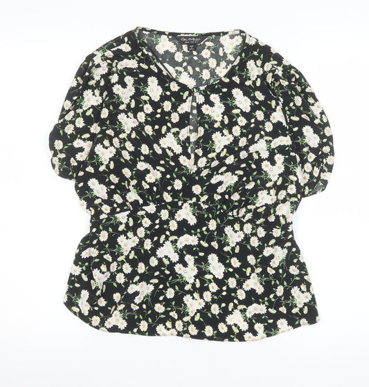 Miss Selfridge Womens Black Floral Blouse UK14 V-Neck Puff Sleeve Tunic