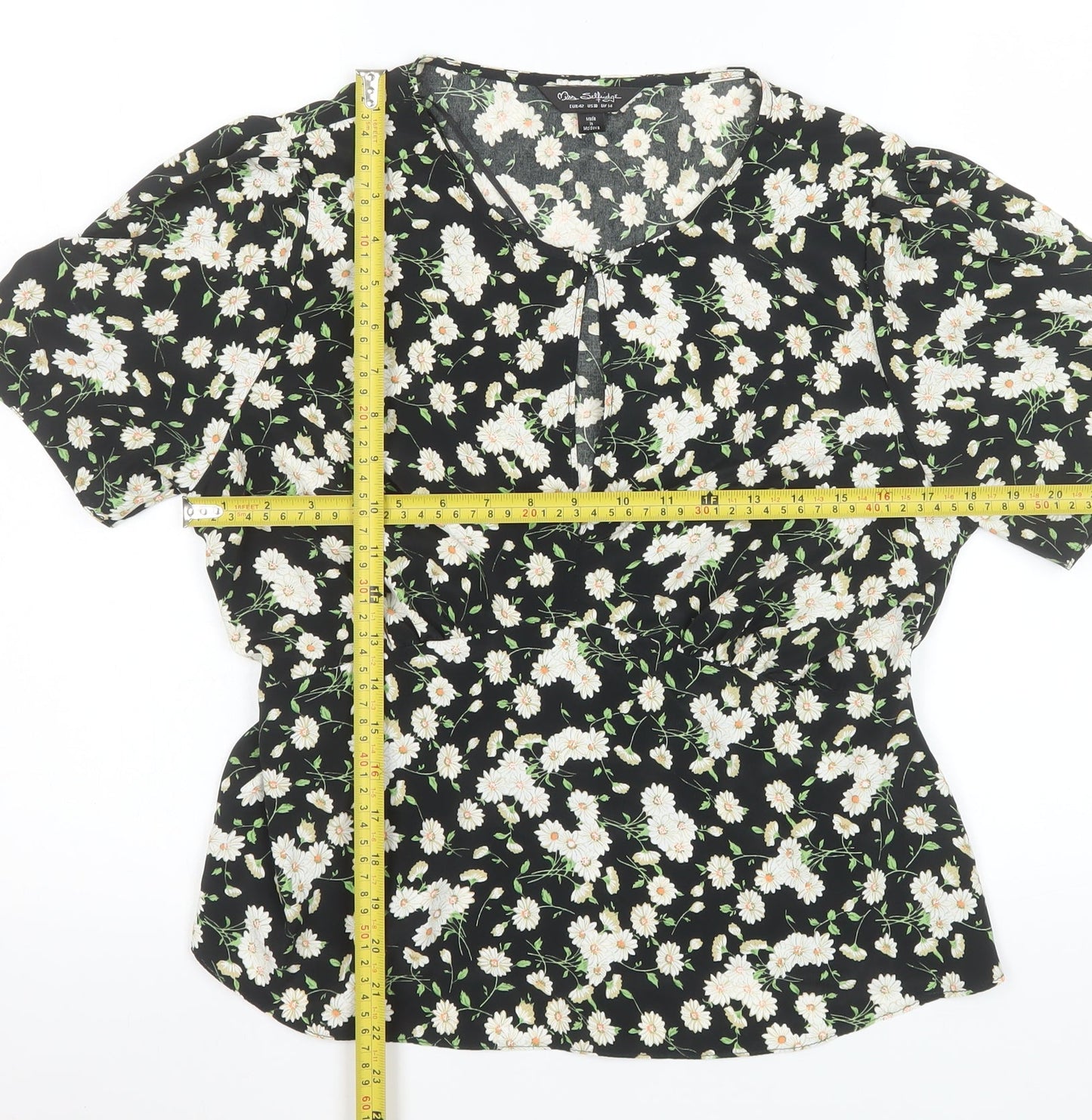 Miss Selfridge Womens Black Floral Blouse UK14 V-Neck Puff Sleeve Tunic