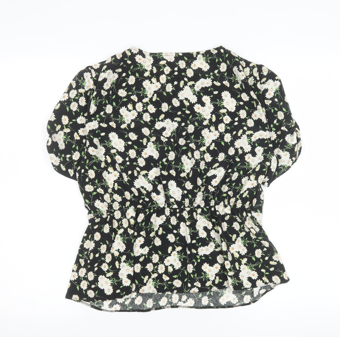 Miss Selfridge Womens Black Floral Blouse UK14 V-Neck Puff Sleeve Tunic