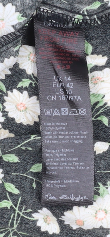 Miss Selfridge Womens Black Floral Blouse UK14 V-Neck Puff Sleeve Tunic