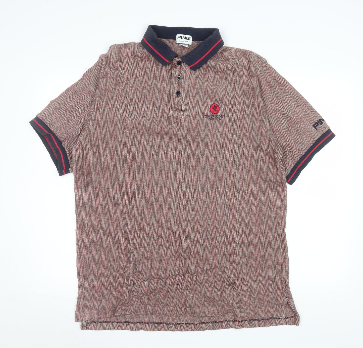 PING Men's Brown Cotton Polo Shirt Size L Golf Herringbone Pattern