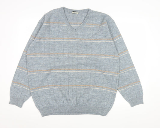 Dunnes Stores Men's Grey Striped V-Neck Wool Blend Jumper Size L