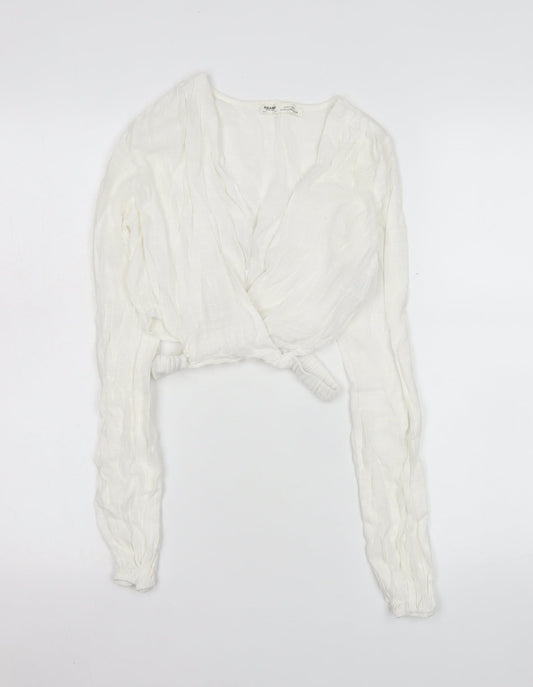 Pull & Bear Women White Wrap Blouse XS Long Sleeve Viscose Cotton