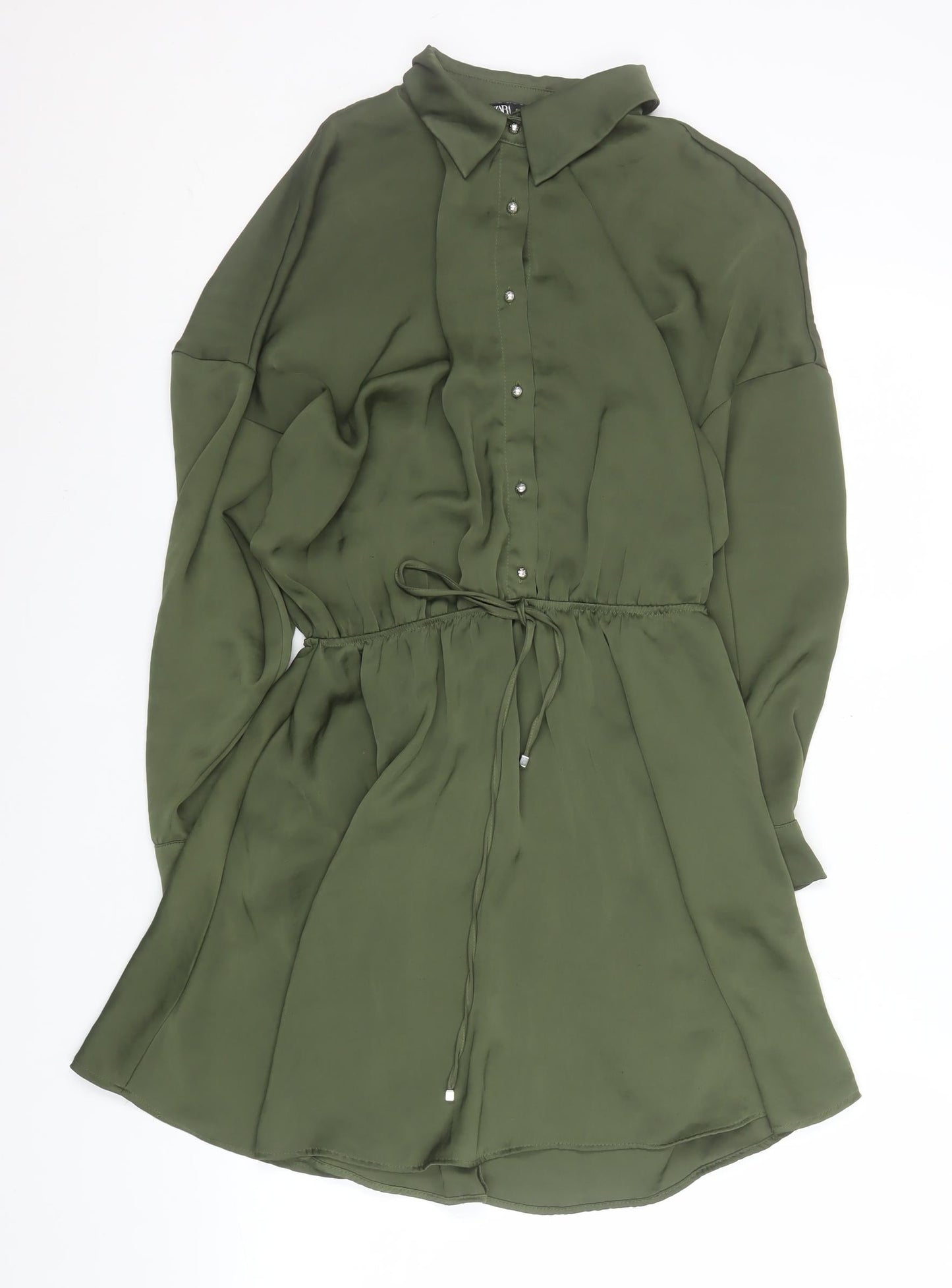 Zara Women Green Short Shirt Dress Size S Collared Long Sleeve