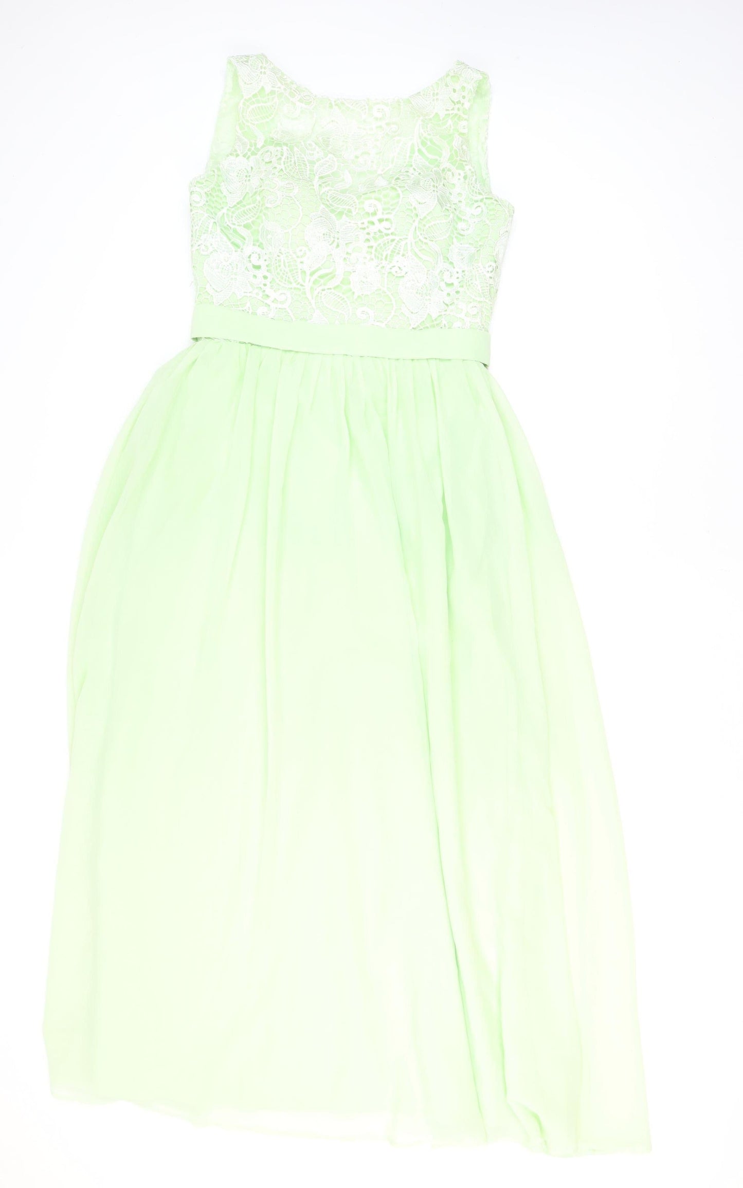 Staceees Womens Green Lace Chiffon Long A-Line Sleeveless Formal Dress