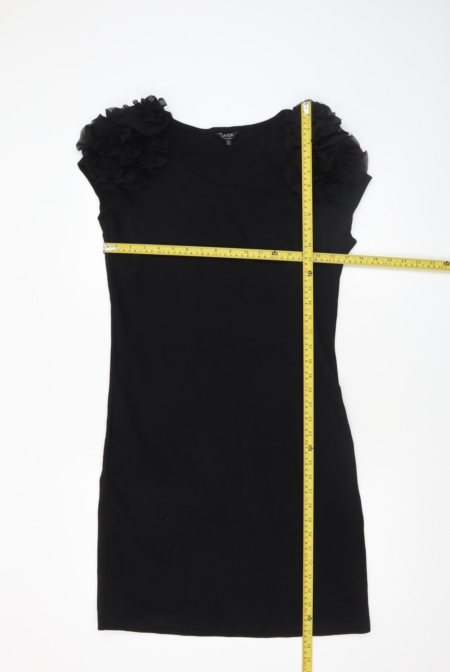 Savida Women's Black Size 14 Bodycon Ruffle Shoulder Sleeveless Dress